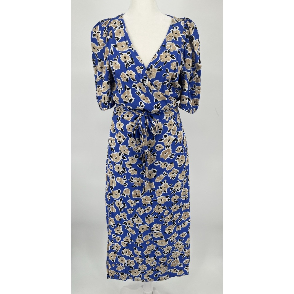 Ann Taylor Wrap Dress Blue Floral Puff Sleeve Office Teacher Church Brunch Sz 6